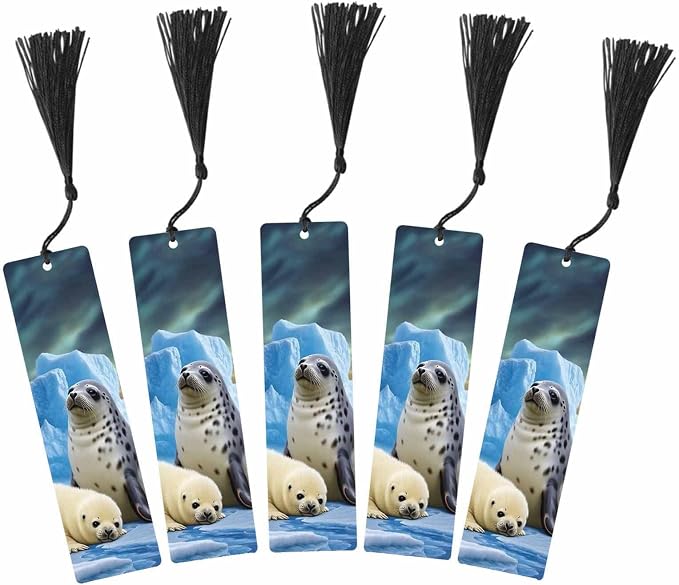 Seals Bookmarks 5 Pcs Cute Animal Winter Cold Iceland Wooden Bookmark with Tassels for Reading Book Lovers Gift Office School Readers Teacher