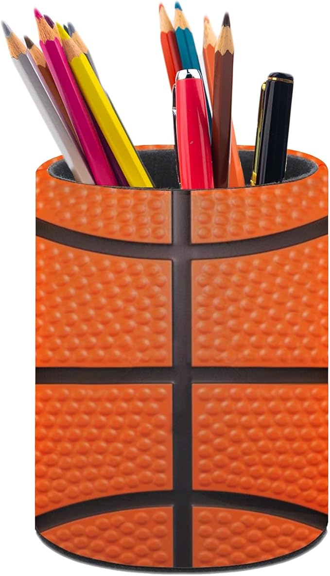 Basketball Print Texture Pen Holder Pencil Organizer Cute Pencil Cup Desk Decor Makeup Brush Holder PU Multifunctional Office Suppliesfor Home Classroom School