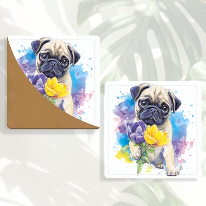 2PCS PU Leather Bookmarks 3.5x3.5 Inch Pug Yellow Flower Design | PU leather bookmarks with pug yellow flower design for novels, journals, planners, pet lovers, students and book fans