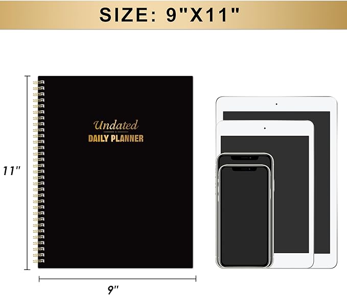Daily Planner - 9'' x 11'' Notebook with Hourly Schedule, Undated Workbook to Record Your Appointments, 208 Pages, Elastic Closure, Inner Pocket