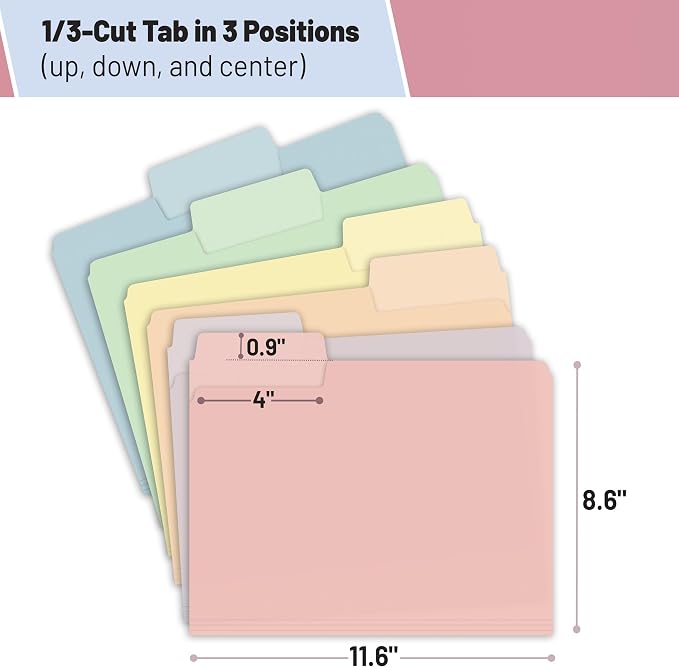 Mr. Pen- File Folders, 1/3 Cut Tab, 6 Pack, Morandi Colors, Letter Size, Colored File Folders, Letter File Folders