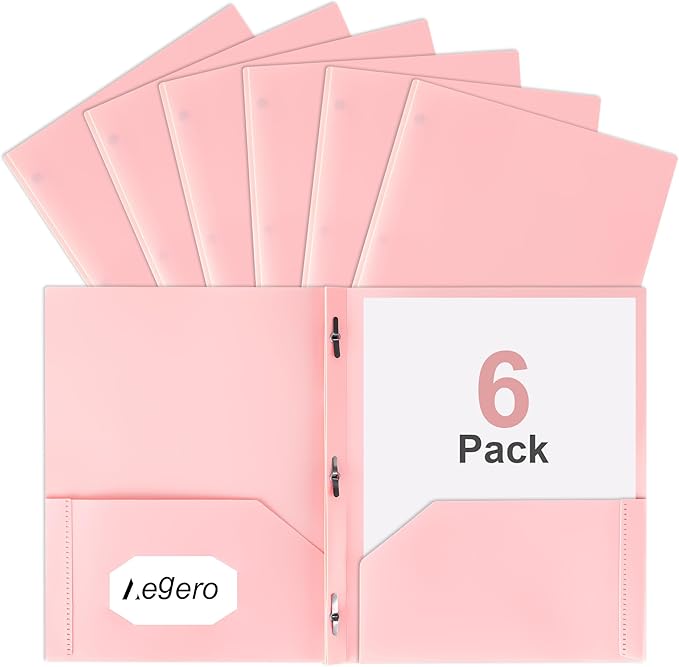 Aegero Folders with Pockets and Prong with Fasteners (6 Pack,Coral Powder),Durable Plastic Pocket Folders with Prongs,Tear Resistant,2 Pocket 3 Prong Folders for Schoolwork & Office,Letter Size