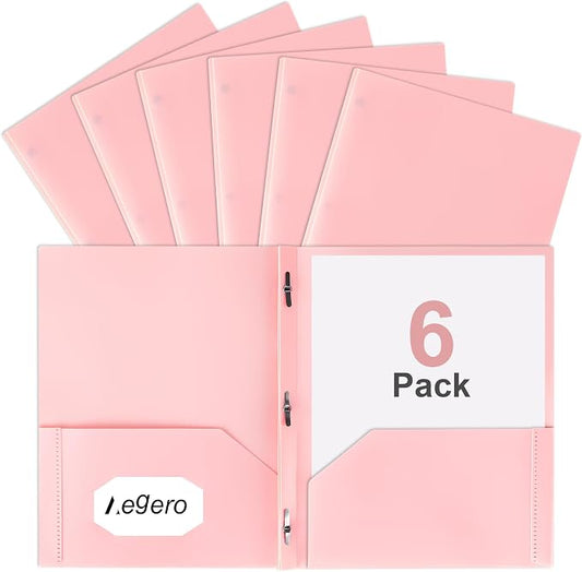 Aegero Folders with Pockets and Prong with Fasteners (6 Pack,Coral Powder),Durable Plastic Pocket Folders with Prongs,Tear Resistant,2 Pocket 3 Prong Folders for Schoolwork & Office,Letter Size
