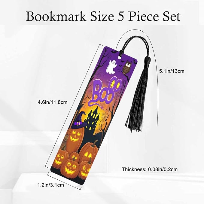 Halloween Bookmarks 5 Pcs with Tassels Pumpkin Bats Dark Night Wooden Bookmarks for Reading Women Students Teacher Reader