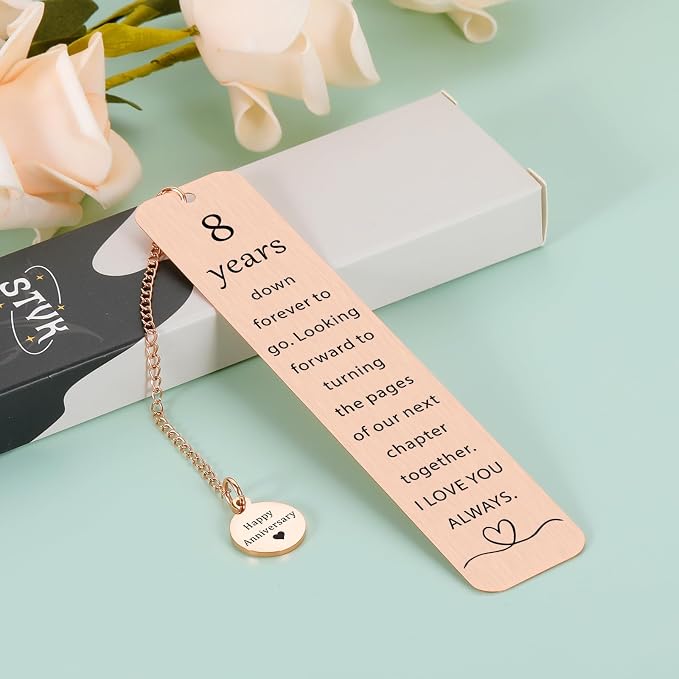 Bronze Anniversary Wedding Gifts for Her Him, 8th Anniversary Bookmark for Husband Wife, 8 Year of Marriage Gift for Men, Rose Gold Steel Gifts for Couples, Romantic Birthday Christmas Gift for Women