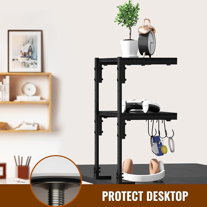 Clamp-on Desk Shelf, 13 inch Above or Below Desk 2-Tier Shelving, Adjustable Metal Storage Tray for Gaming Devices or Office Desk Accessories and More, Black, Patent Pending