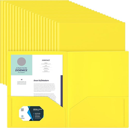 Gueevin 72 Pack Plastic Folder with Pockets, 2 Pocket Folders, Plastic Glossy Folders Fit Letter Size Paper, Heavy Duty Durable File Folder with Business Card for Home Office School (Yellow)