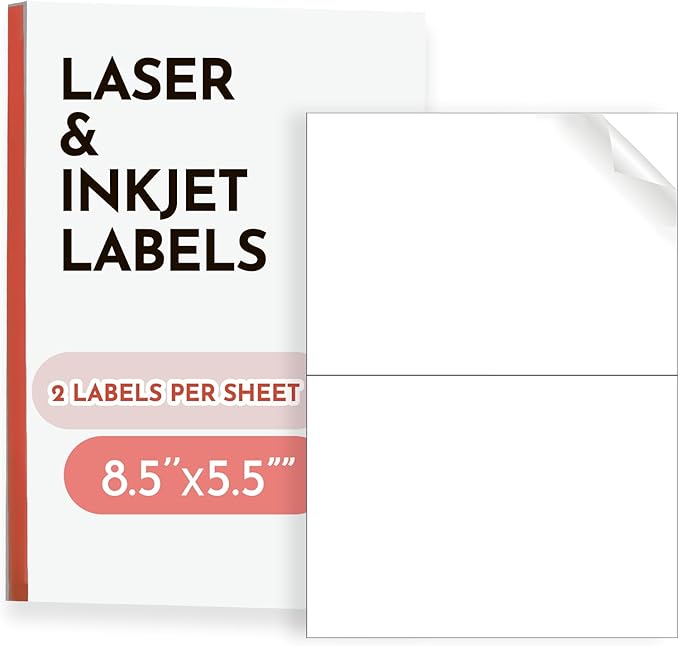 8.5"x5.5" Shipping Labels, Matte White Printable Labels, 80 Total (40 Sheets, 2-Up), Compatible with Laser & Inkjet Printers for Packaging & Mailing