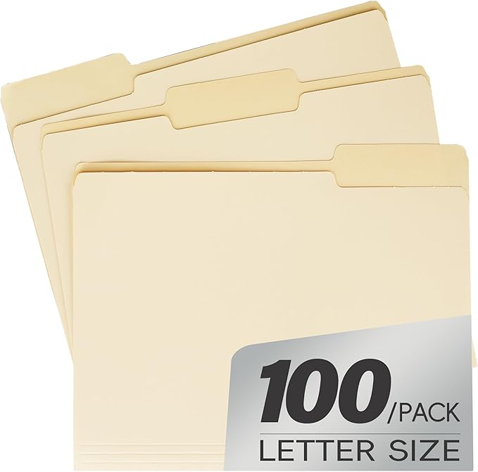 pmybupo 100 Pack Manila File Folders,1/3 Cut Tab Letter Size,Great for Organizing and Easy File Storage,Per Box