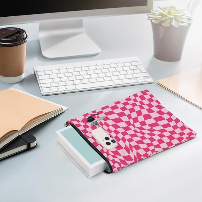 Wave Pink Plaid Book Lovers Gifts Book Sleeve Vintage Checkered Waterproof Book Cover Book Pouch Book Protector with Front Pocket Book Club Christmas Birthday Gifts for Women Girl Book Accessories