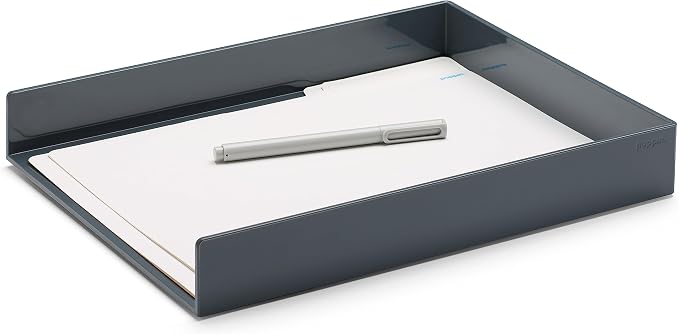 Poppin Super Stacked Desk Set - Dark Gray, Two Letter Trays, Accessory Tray, Silicone This + That Tray, Double-Compartment Pen Cup and 6 Signature Ballpoint Pens, Complete Office Organizer Set