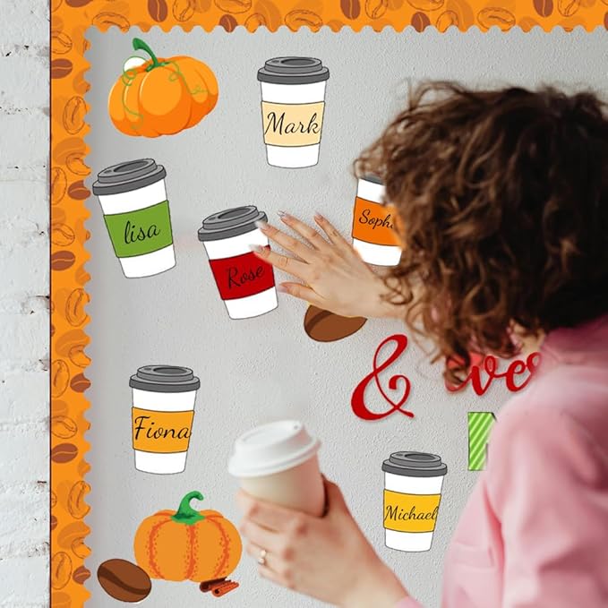 Fall Coffee Cup Bulletin Board Set – “We are Pumpkin Spice and Everything Nice” Pumpkin & Coffee Cutouts for Autumn Classroom Décor, Thanksgiving, Halloween and Fall Bulletin Board Display
