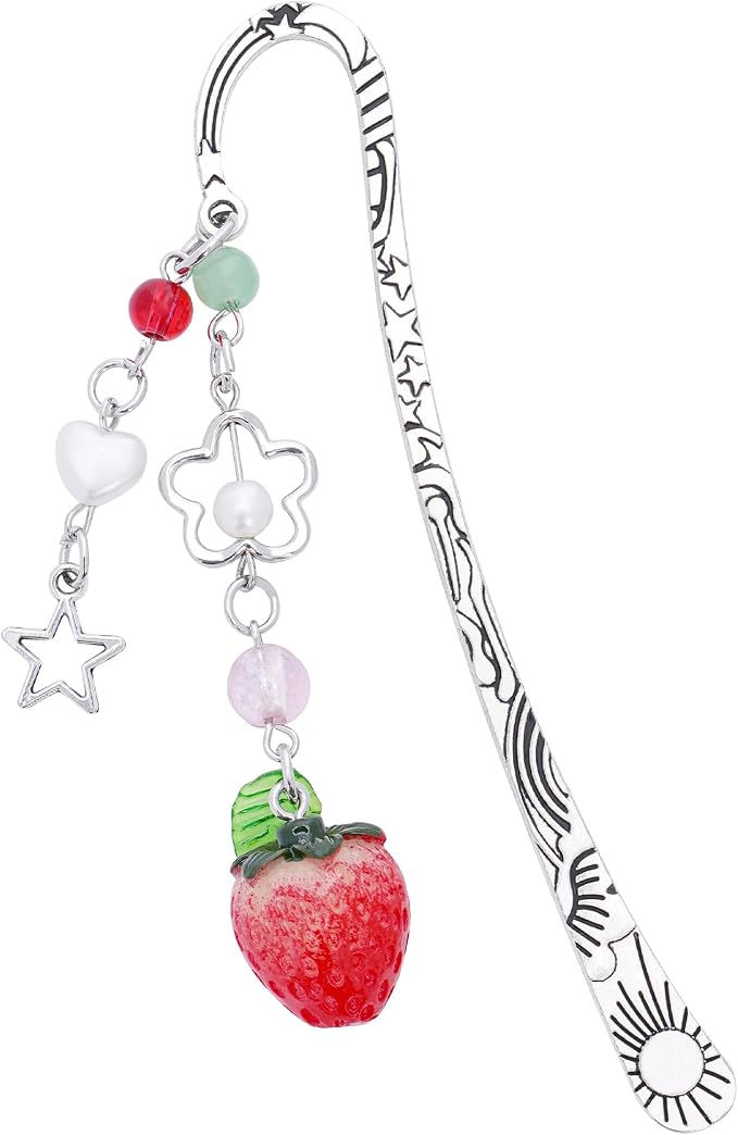 Unique Strawberry Bookmark Gift - Charm Pink Aesthetic Page Mark Cute Silver Chain Pendant Tassel Metal Bookmarks Reading Women Girl Friends Book Club Reader Birthday Valentines Retirement