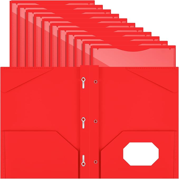 Henoyso 18 Pcs Plastic Folder with Clear Front Pocket and 3 Prong Plastic Folders with Card Slot Pocket Folders with Prongs for School Office (Red)