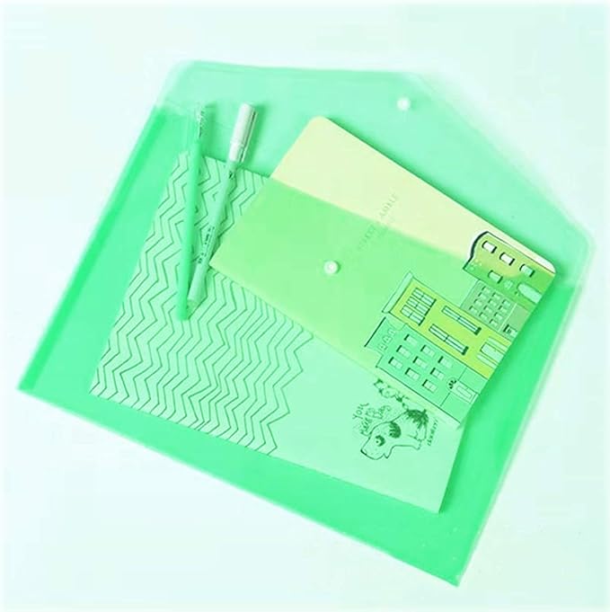 Poly Envelope 12 Pcs Document Envelopes with Snap Button Quality Clear Document Folder for A4 Size (Green)