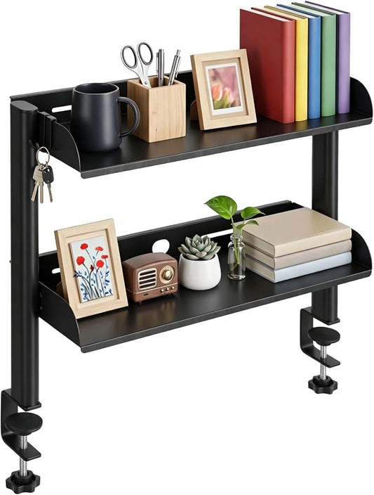 Clamp On Desk Shelf, 2-Tier Carbon Steel Storage Rack with Hooks, Adjustable Office Desk Organizer, No-Drilling C Clamp Desktop Shelf for Home, Office