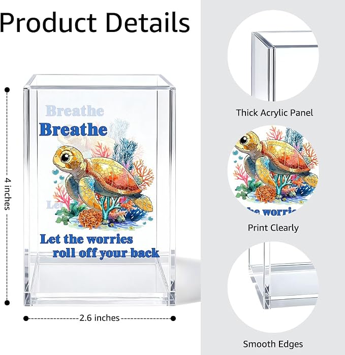 Breathe Let The Worries Roll Off Your Back Pen Holder Makeup Organizer, Funny Sea Turtle Pencil Pen Holder for Desk, Ocean Theme Desk Accessories, Beach Decor Organizer Office Gifts for Coworker