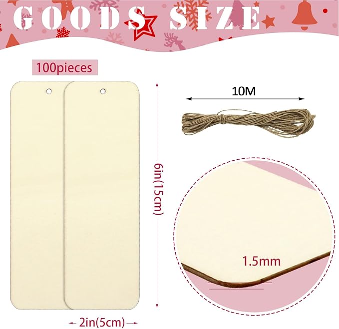 100 Sets 6 x 2 Inch Large Size Wooden Bookmarks with Hole and Ropes, Unfinished Wood Bookmark Blanks Rectangle Blank Bookmark for DIY Crafts, Painting, Wedding, Birthday Party Decors