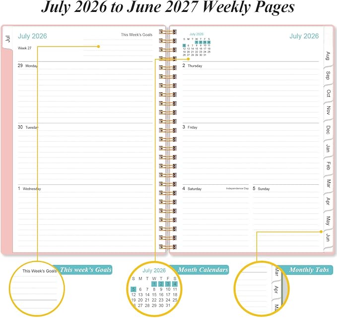 2026-2027 Planner - Planner 2026-2027 from July 2026 - June 2027, Weekly & Monthly Planner Spiral Bound with 12 Monthly Tabs, Inner Pocket, 6.4" x 8.5", Pink-A