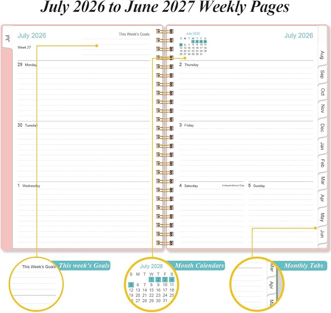 2026-2027 Planner - Planner 2026-2027 from July 2026 - June 2027, Weekly & Monthly Planner Spiral Bound with 12 Monthly Tabs, Inner Pocket, 6.4" x 8.5", Pink-A