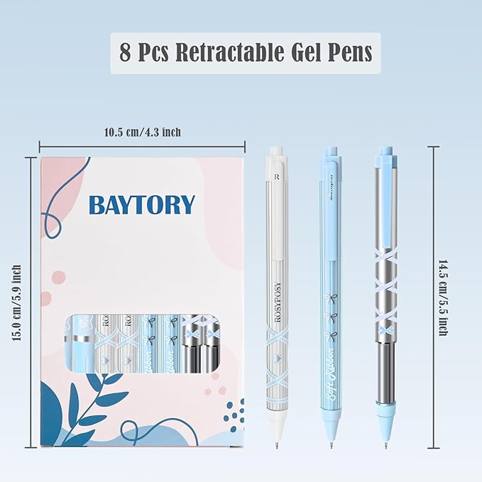 BAYTORY 8Pcs Gel Pens, Aesthetic Pens, Fine Point 0.5 mm Pen for Journaling, Retractable Quick Dry Black Ink, Smooth Writing for Office School Supplies (Blue Series)