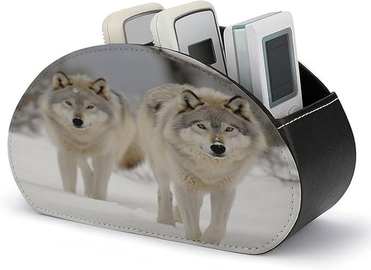 Remote Control Holder,Two Wolves Walking in The Snow Printed PU Leather Remote Caddy Desktop Organizer with 5 Compartments for Media Accessories & Office Supplies Storage