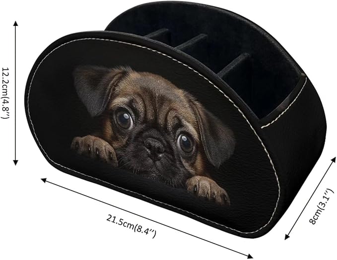 Forchrinse Pug Remote Control Holder with 5 Compartments-PU Leather Remote Caddy Desktop Organizer Storage for Remote Controllers,Office Supplies
