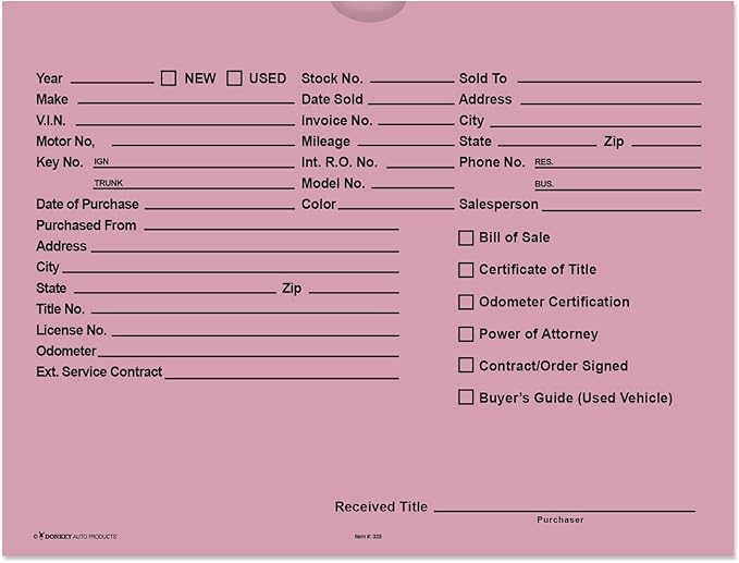 Printed Vehicle Deal Envelopes 9x12 Deal Jackets (100 shrink wrapped) (Pink)