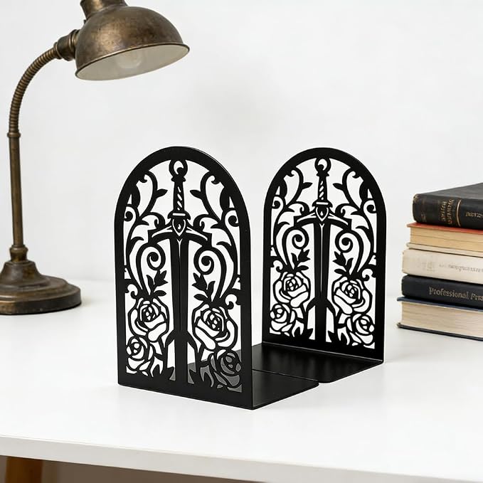 Book Ends, Bookends, Book Ends for Shelves, 2Pair Non Skid Metal Book Divider Decorative Holder, Abstract Art Desgin Book Stopper Supports for Office, Home (Sword Rose)