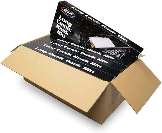 BCW Long Comic Book Bin - 5 Pack | Heavy Duty Comic Book Storage Box | Stackable Comic Bin Organizer for 300 Comics Each | Acid-Free Plastic Box with Divider & Label Slot