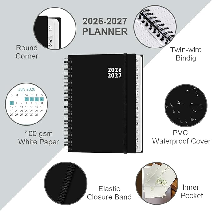 2026-2027 Planner - Planner 2026-2027 from July 2026 to June 2027 with 12 Monthly Tabs, Flexible Cover, Inner Pocket, 8.5" x 11", Black-C