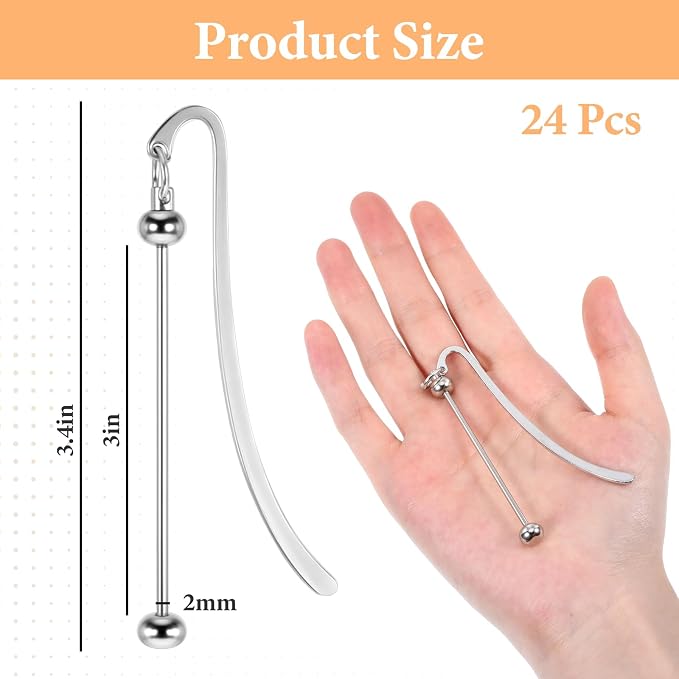 24 Pcs Beadable Bookmarks Bulk DIY Metal Blank Bookmarks to Decorate Beadable Items Beaded Craft Jewelry Bar Pendant Charm Gifts Office Supplies for Book Lover (Silver)
