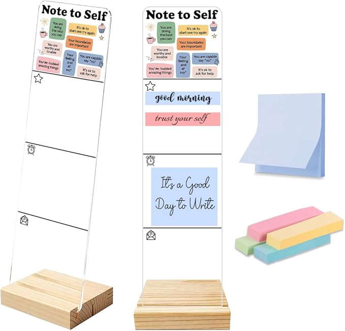 Sticky Notes Monitor Memo Board Acrylic Holder with Removable Wooden Base, Note to Self Positive Affirmations Logo Desk Set with 200 Sheets Two Sizes Sticky Notes, Office Desk Accessories Organizer