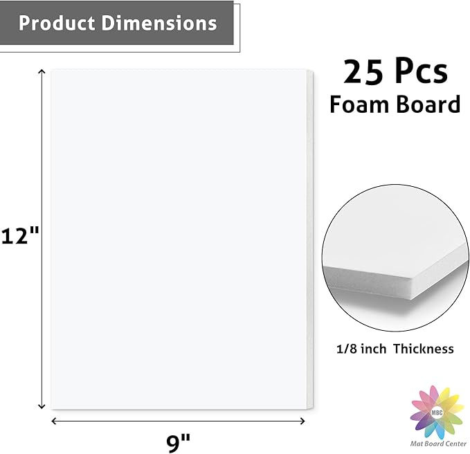 Mat Board Center, Pack of 25 Foam Core Backing Boards 1/8" (9x12, White)