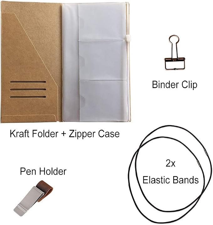 Travelers Notebook Accessories Kit - Kraft File Folder, Zipper Case, Pen Holder, Binder Clip and 2 Elastic Bands