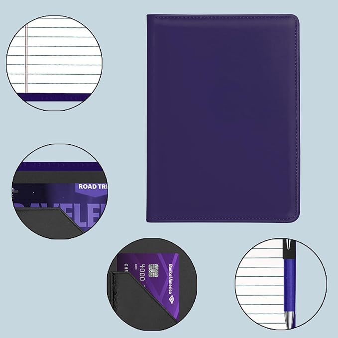 Junior Padfolio Folder - A5 Portfolio Binder Case with 5 x 8 Writing Pad and Interior Storage Pocket Executive Business Organizer for Men Women, Dark Purple.