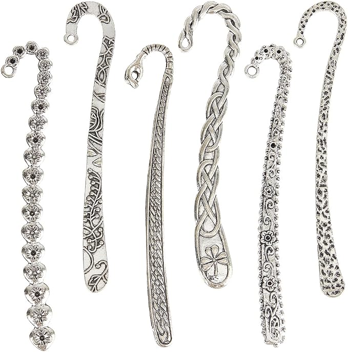 SUNNYCLUE 12Pcs 6 Styles Hook Bookmark Silver Hairpin Bookmark Bulk Alloy Retro Tibetan Chinese Style Flower Branch Bookmarks Findings with Hole Book Mark Blank for Crafts Jewelry Making Gifts DIY