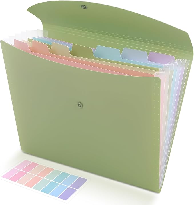 SKYDUE Cute Accordion File Organizer, Expanding File Folder with 8 Pockets, Document Organizer with Colorful Tabs for School, Office, Hospital Tax, Receipts Storage Letter/A4 Size Pale Green
