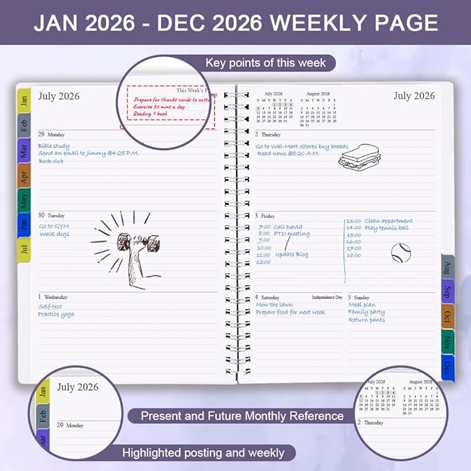 2026 Planner - Weekly & Monthly Planner Runs Jan 2026 to Dec 2026, 6.25" x 8.25", 12 Monthly Tabs, 14 Notes Pages, Inner Pocket, Flexible Cover with Twin-Wire Binding, Planners 2026 (Purple, 6.25" x 8.25")