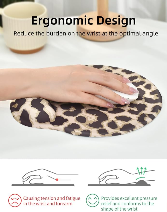 Leopard Mouse Pad Wrist Support Wrist Rest, Ergonomic Mouse Pad with Non-Slip Base for Office Gaming Working Computers,Desk Accessories Pain Relief Mouse Mat for Home&Game Decor, Light Brown