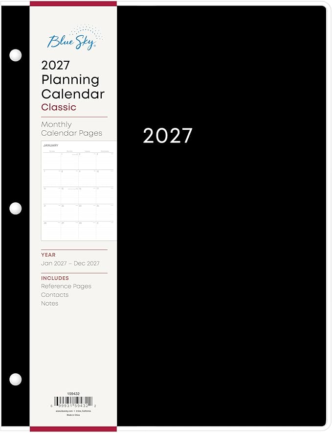 Blue Sky 2027 Monthly Planner Calendar, January 2027 - December 2027, 8.5" x 11", Monthly Layout, Clear Flexible Cover, Stapled Binding, 3 Hole Punched Pages, Solid Black