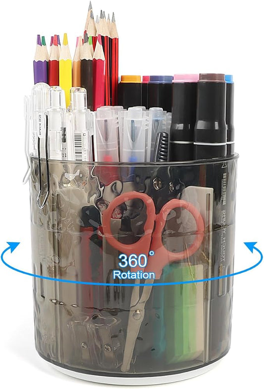 360 Rotating Desk Organizer, Premium Transperent Pen Holder for Desk, Cut Desk Accessories & Workspace Organizers for Office, School, Home, Art (Transparent Grey)