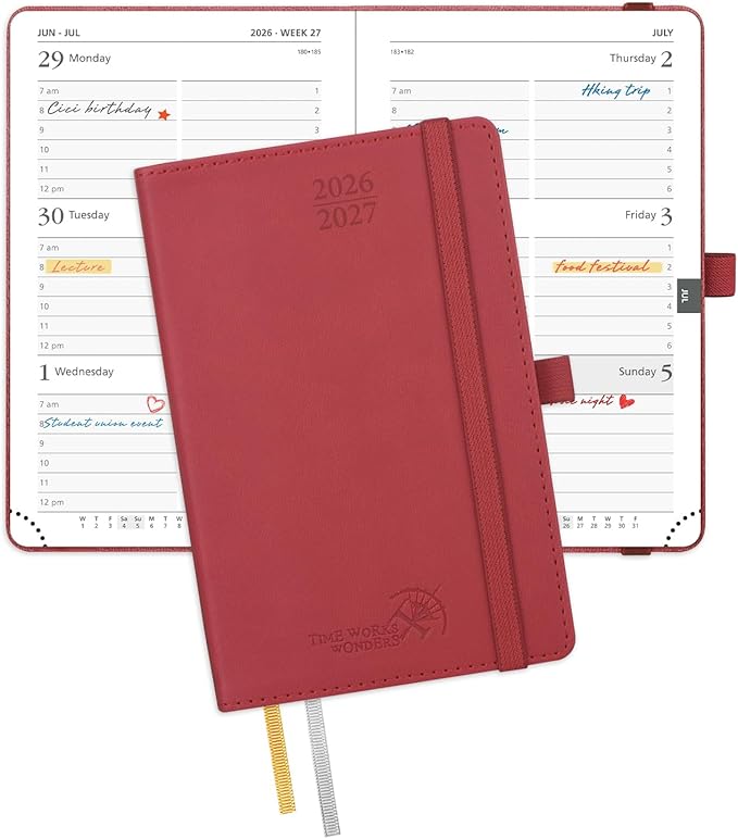 POPRUN Pocket Planner 2026-2027, Purse Size-4" x 6.25", Pocket Calendar (July 2026-June 2027) for Purse, Academic Small Weekly Planner with Hourly Slots, Leather Soft Cover, 100GSM - Burgundy