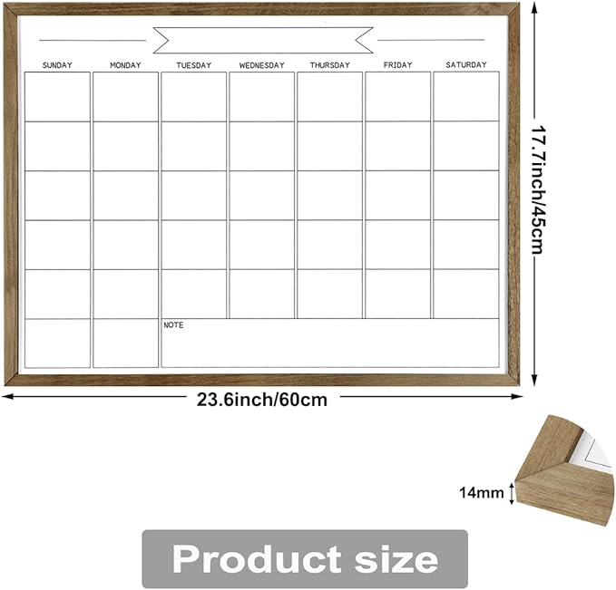TORASO Dry Erase Monthly Calendar Whiteboard, Magnetic White Board for Wall, Office/School/Home, Solid Wood Frame Hanging Board for Decoration/Kitchen Grocery List，17.7"x 23.6"(YL-RB-4560-B)