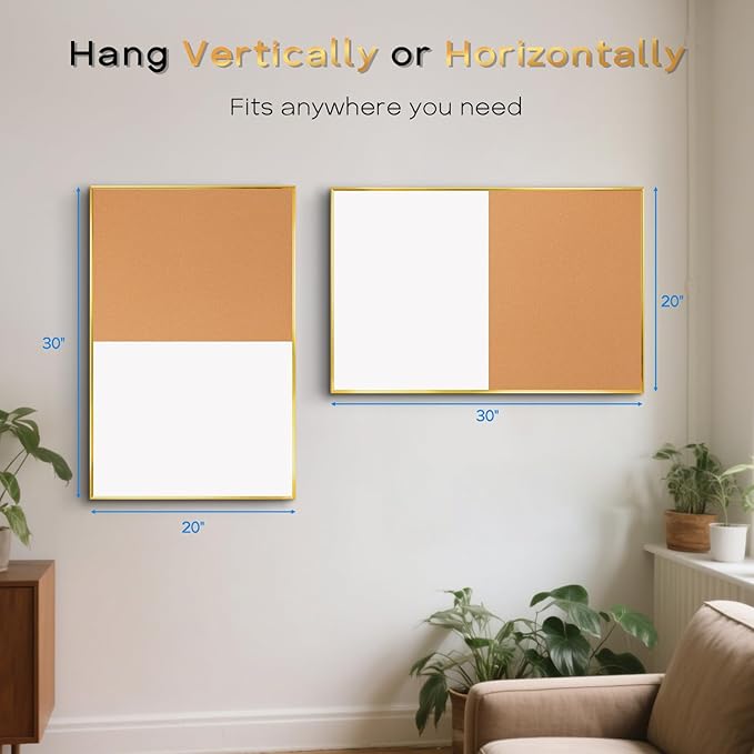 White Board Cork Board Combo, 30" x 20" Magnetic Dry Erase Whiteboard and Corkboard for Wall, Vision Board for Home Office School, Gold Aluminum Frame
