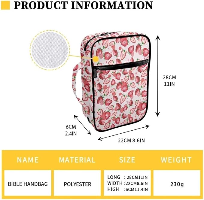 Coldinair Strawberry Bible Cover for Women Nylon Bible Holder Carrier Carrying Organizer Bible Bag, Zipper and Pockets for Standard Large Size Bible