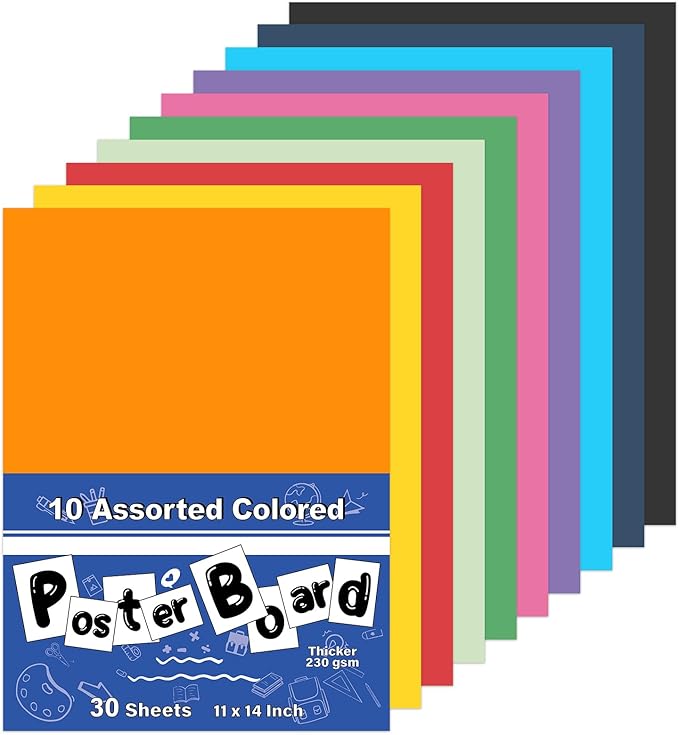 Colored Poster Board, 30 Sheets Large Size 11 x 14 Inch 10 Assorted Neon Poster Paper Trifold Poster Board Bulk for Art Display, Crafts, Projects, and Classroom Supplies