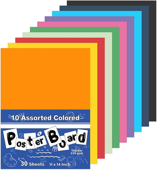 Colored Poster Board, 30 Sheets Large Size 11 x 14 Inch 10 Assorted Neon Poster Paper Trifold Poster Board Bulk for Art Display, Crafts, Projects, and Classroom Supplies