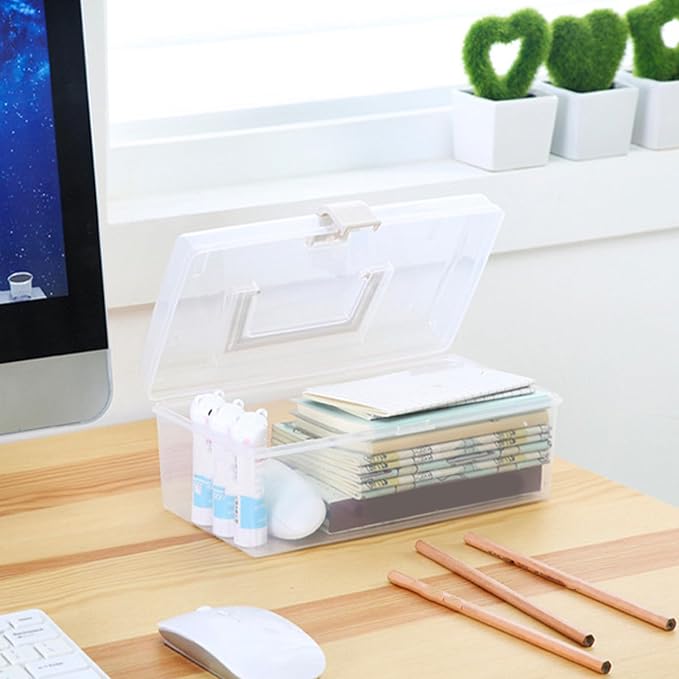 Transparent Storage Box Large Capacity Handheld Desktop Organizer Portable Multifunctional Storage Container with Handle for Home Office (L)