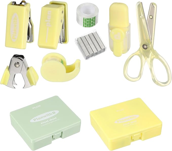 PATIKIL 2 Pack Office Supplies Set, 8pcs Desk Supplies Set Stapler Tape Dispenser Scissors Accessories Kit Mini Office Supply Kit Cute Small for Desk Women Organizer, Yellow Green